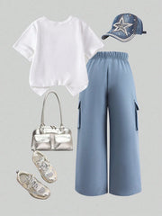 2pcs Girls Sequin Bow Ribbed Tee & Cargo Pants Set - Cerulean | 21 ...