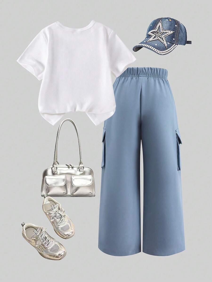 2pcs Girls Sequin Bow Ribbed Tee & Cargo Pants Set - Cerulean | 21 ...