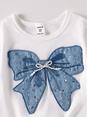 2pcs Girls Sequin Bow Ribbed Tee & Cargo Pants Set - Cerulean | 21 ...