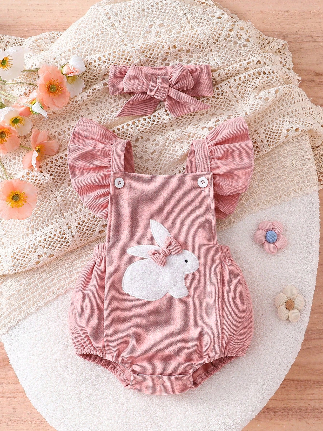 Baby Girls Rabbit Appliqué Ruffle Bodysuit Set - Dusty Rose
