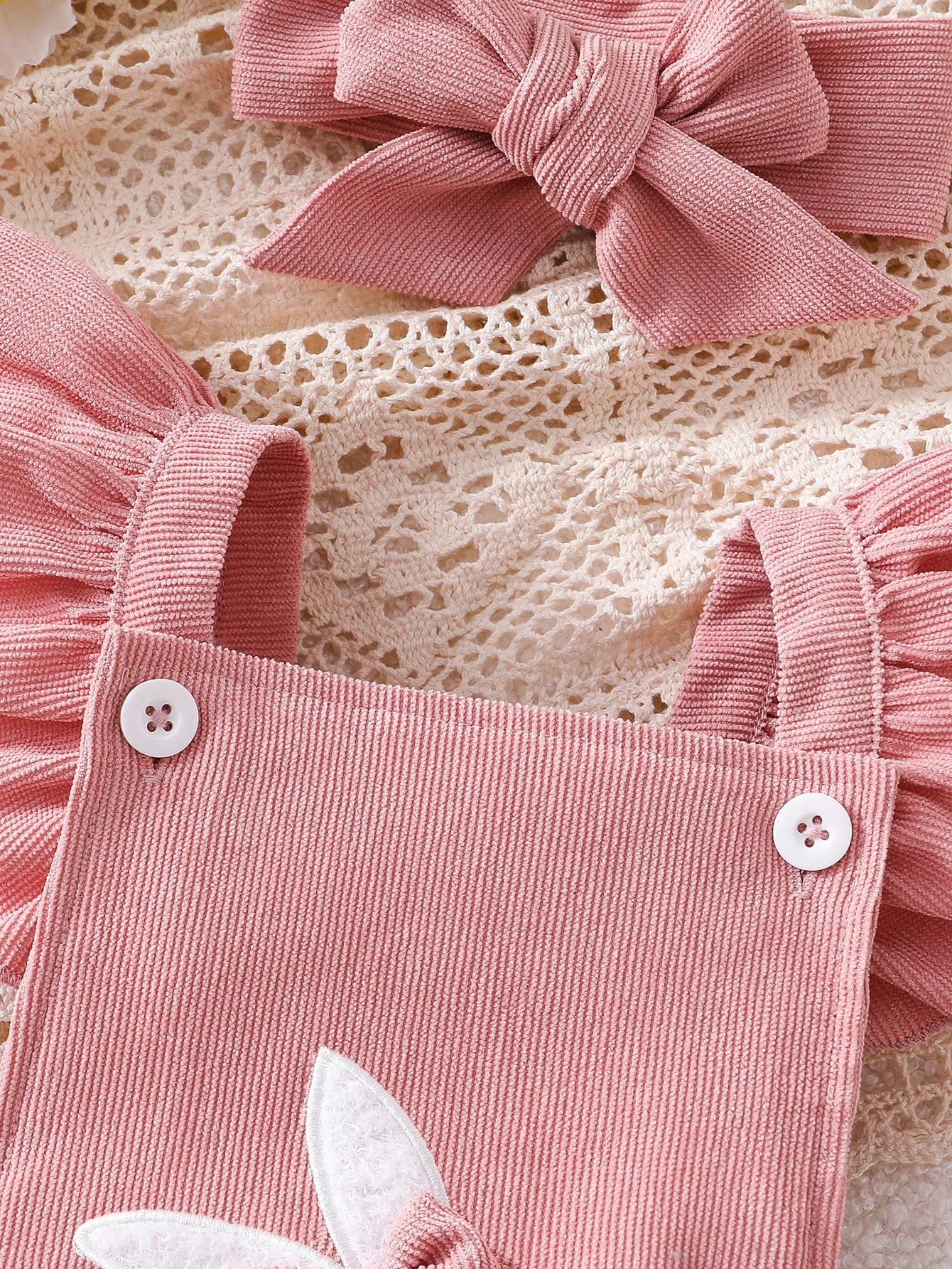 Baby Girls Rabbit Appliqué Ruffle Bodysuit Set - Dusty Rose