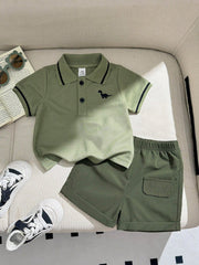 2pcs Boys Dinosaur Embroidered Polo & Shorts Set - Sage