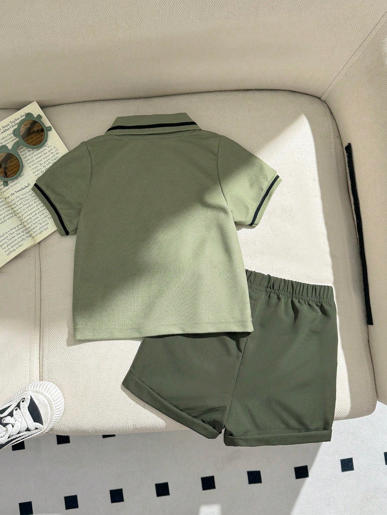 2pcs Boys Dinosaur Embroidered Polo & Shorts Set - Sage