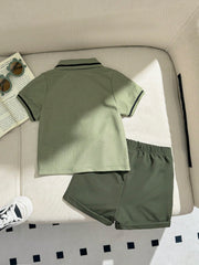 2pcs Boys Dinosaur Embroidered Polo & Shorts Set - Sage