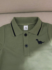 2pcs Boys Dinosaur Embroidered Polo & Shorts Set - Sage