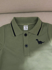 2pcs Boys Dinosaur Embroidered Polo & Shorts Set - Sage