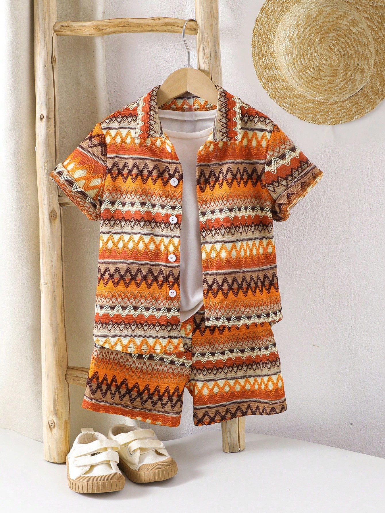 Boys Geometric Zigzag Shirt & Shorts Set - Amber