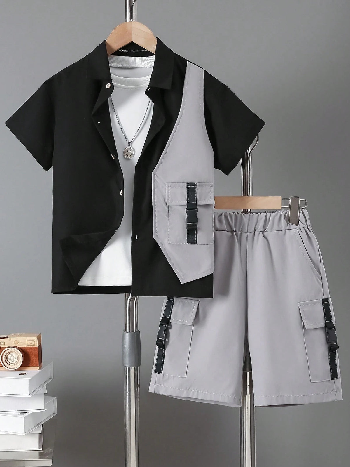 2pcs Big Boys Collared Lapel Shirt & Shorts Set - Stone Grey