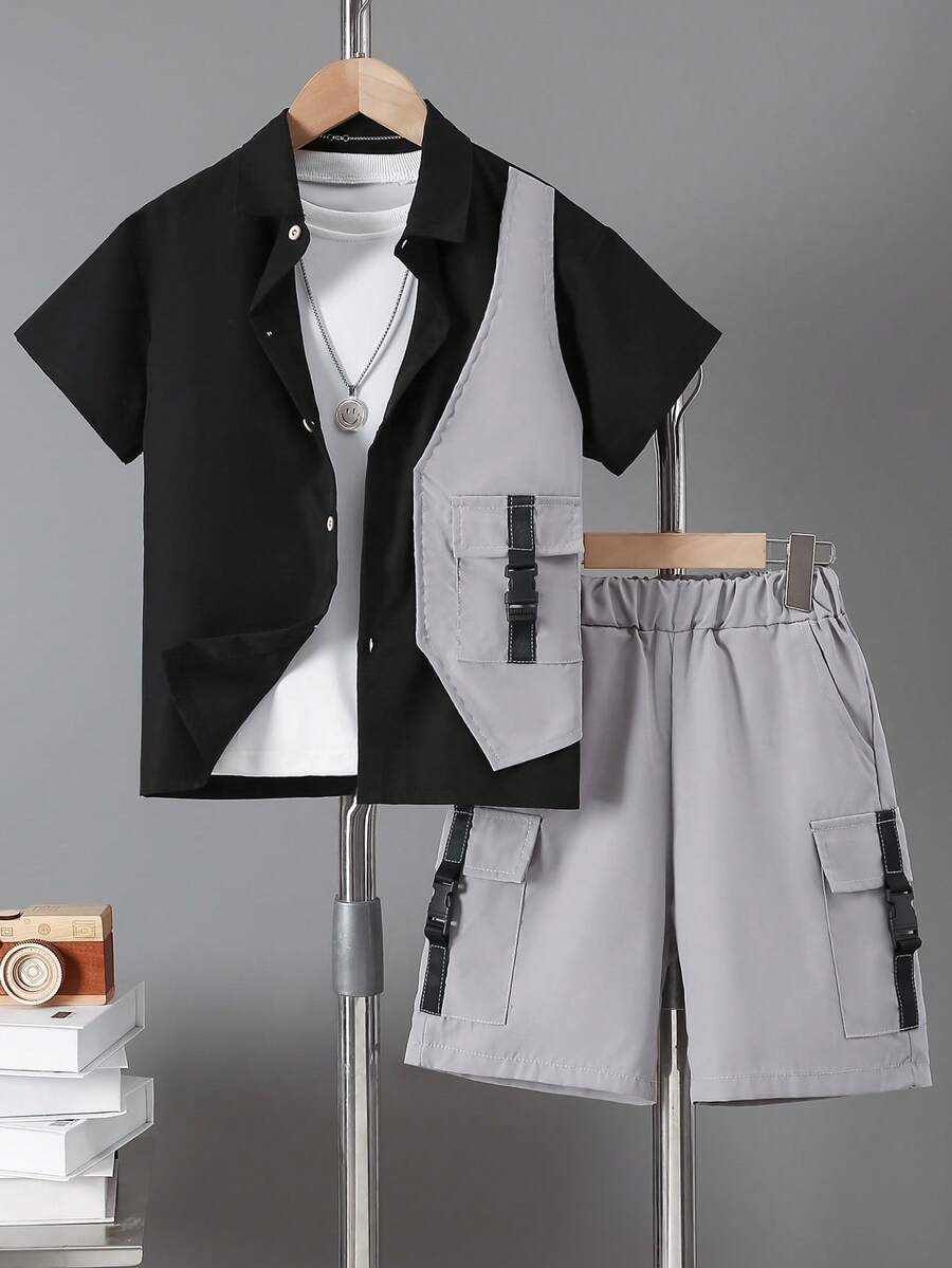 2pcs Big Boys Collared Lapel Shirt & Shorts Set - Stone Grey