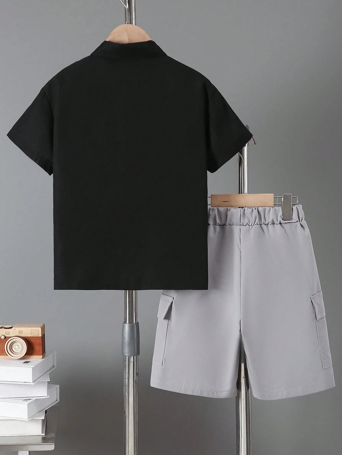 2pcs Big Boys Collared Lapel Shirt & Shorts Set - Stone Grey