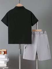 2pcs Big Boys Collared Lapel Shirt & Shorts Set - Stone Grey