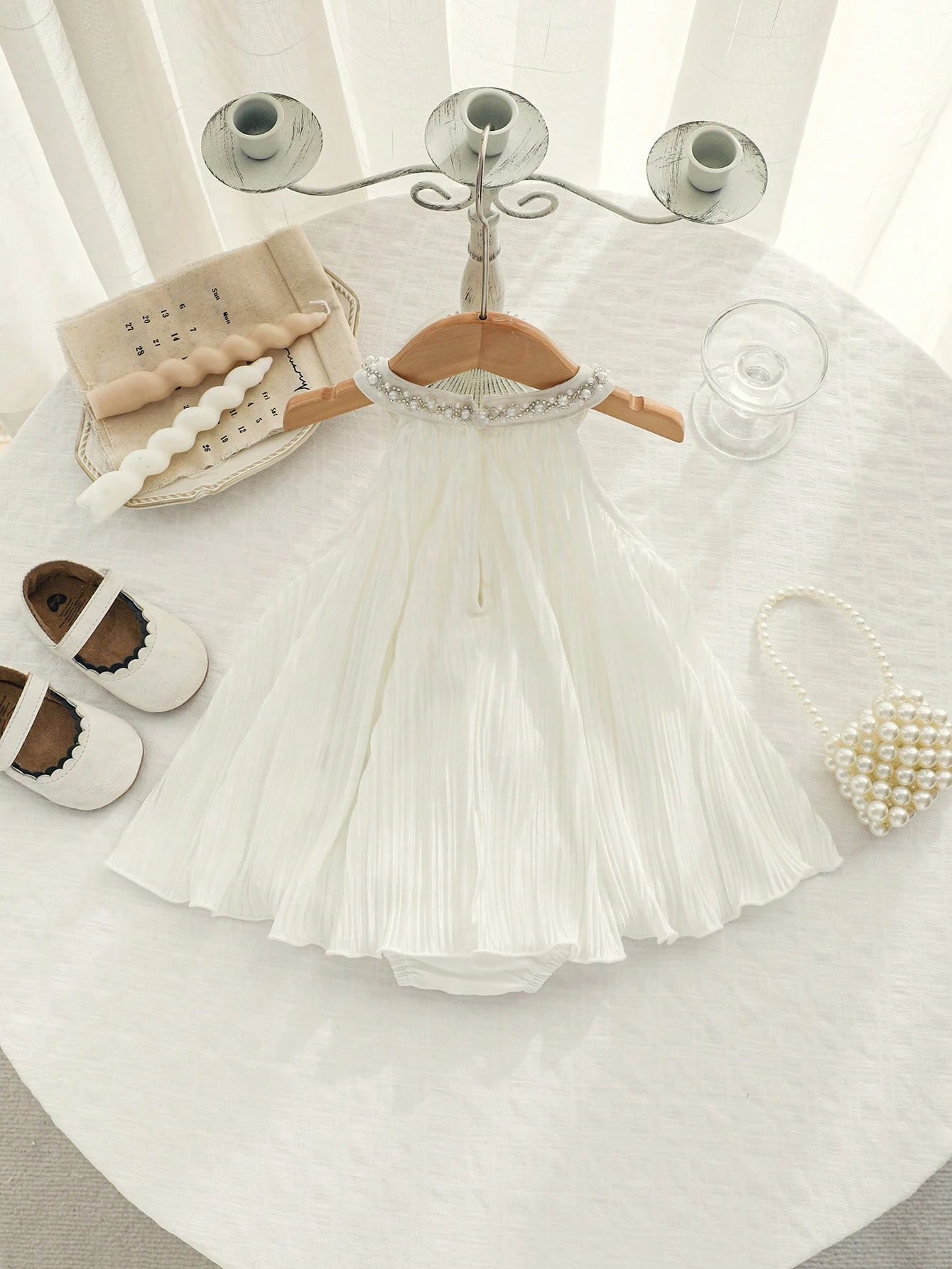 Little Girls Pearl Collar Pleated Halter Romper - Ivory