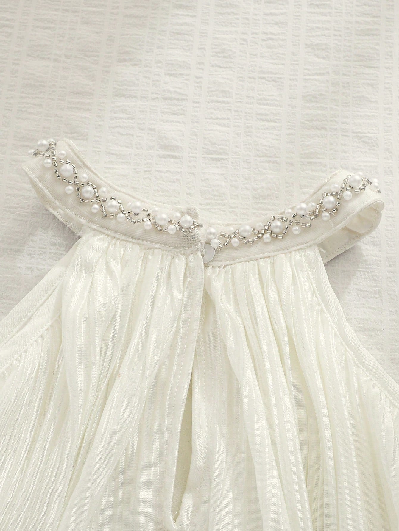 Little Girls Pearl Collar Pleated Halter Romper - Ivory