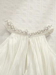 Little Girls Pearl Collar Pleated Halter Romper - Ivory