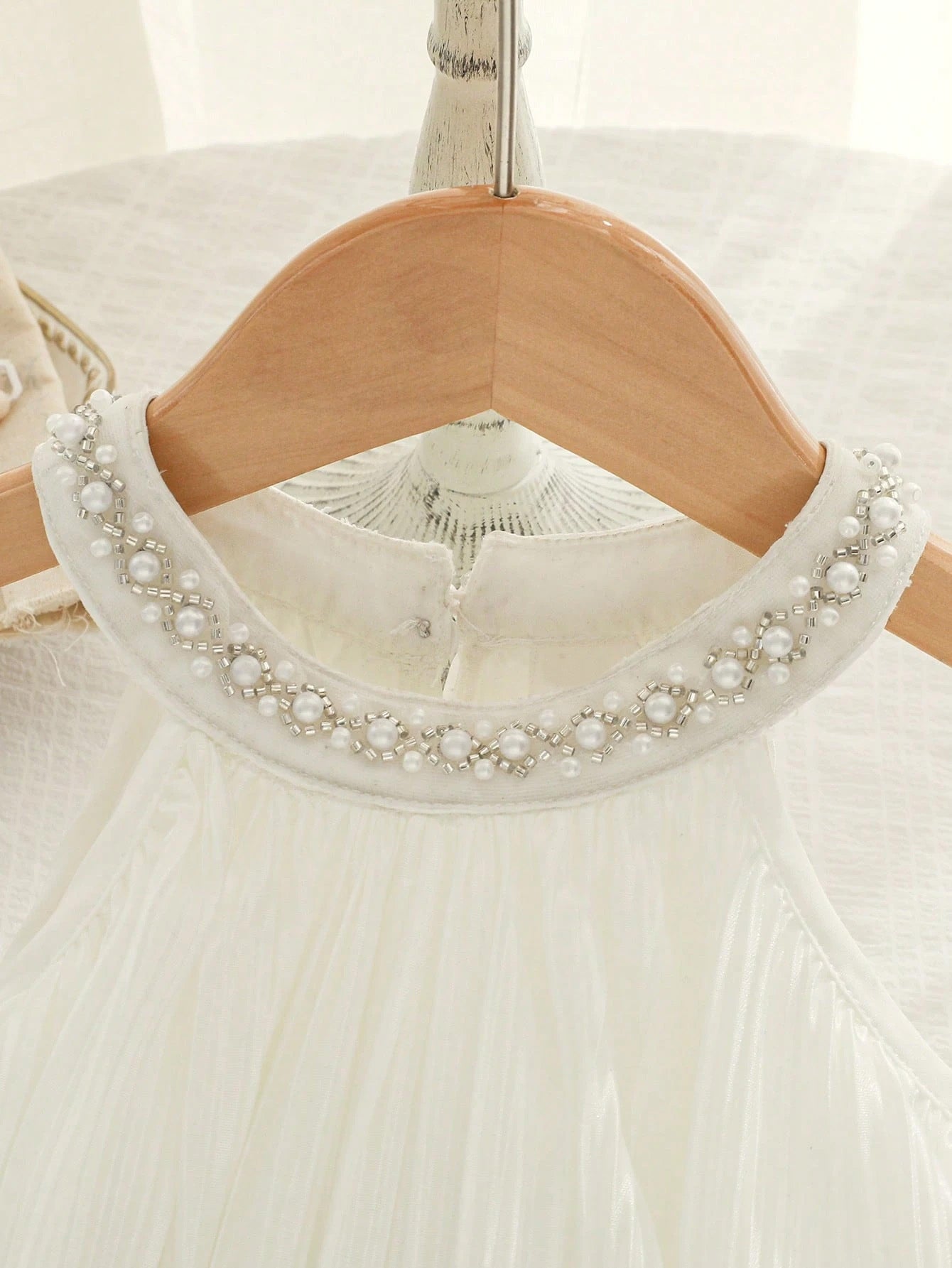 Little Girls Pearl Collar Pleated Halter Romper - Ivory