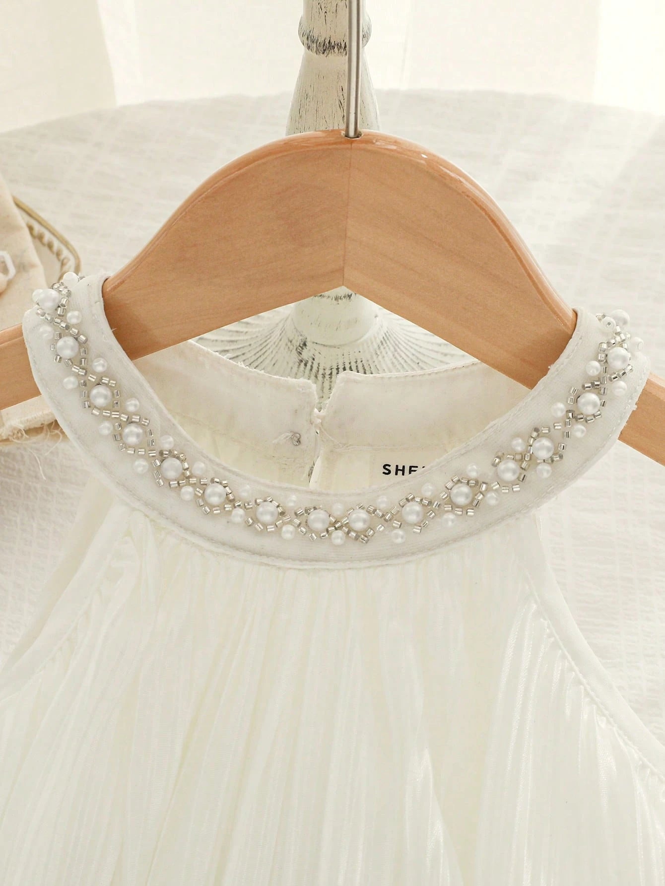 Little Girls Pearl Collar Pleated Halter Romper - Ivory