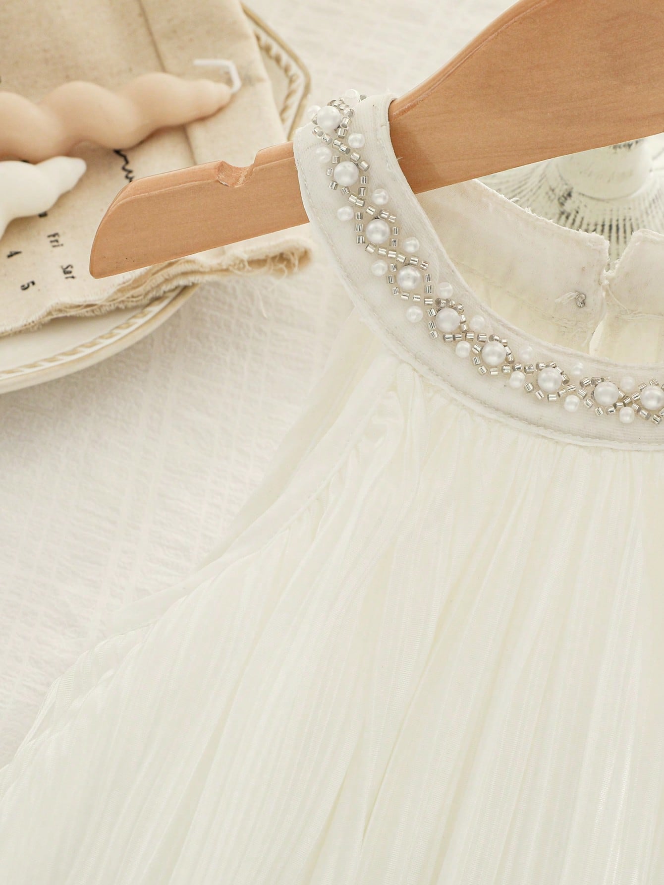 Little Girls Pearl Collar Pleated Halter Romper - Ivory