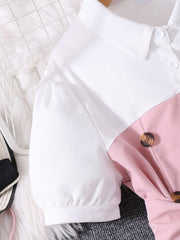 2pcs Big Girls Puff Sleeve Polo Top & Wide-Leg Pants Set - Blush | ...