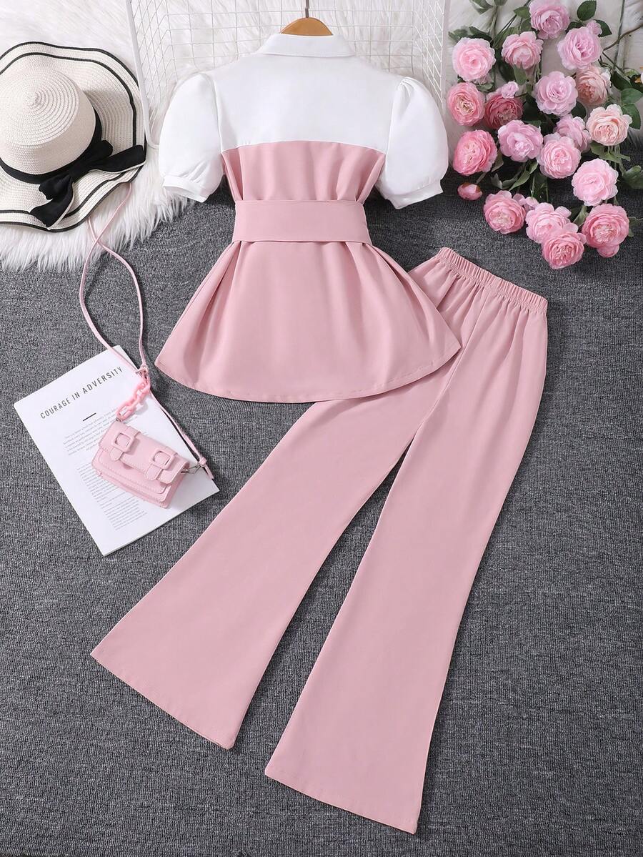 2pcs Big Girls Puff Sleeve Polo Top & Wide-Leg Pants Set - Blush | ...
