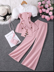 2pcs Big Girls Puff Sleeve Polo Top & Wide-Leg Pants Set - Blush | ...