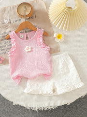 Girls Ruffle Trim Floral Appliqué Top & Shorts - Blush
