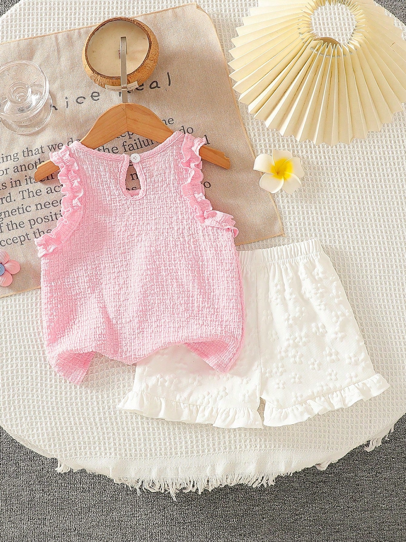 Girls Ruffle Trim Floral Appliqué Top & Shorts - Blush