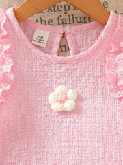 Girls Ruffle Trim Floral Appliqué Top & Shorts - Blush