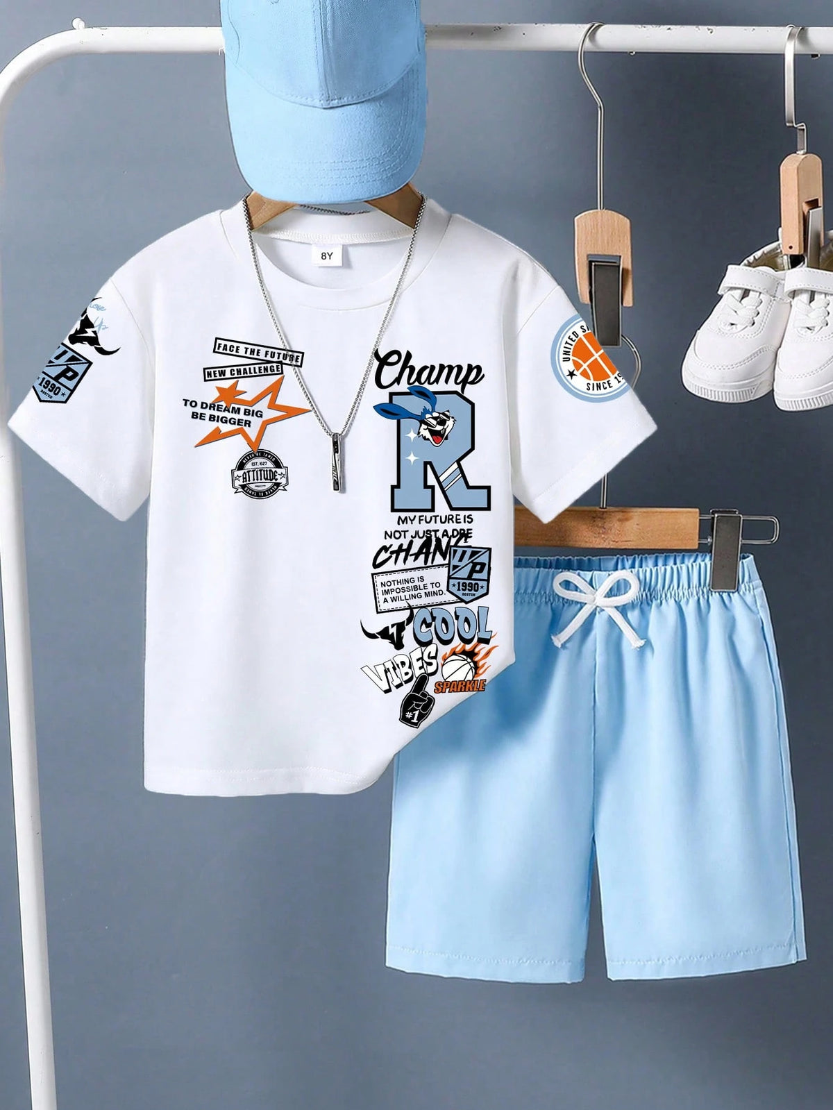 2pcs Big Boys Letter Print Tee & Shorts Set - Ivory
