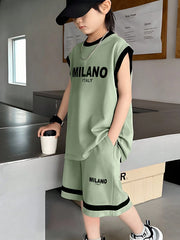 2pcs Boys Milano Graphic Vest & Shorts Set - Sage | 21 Century Kids