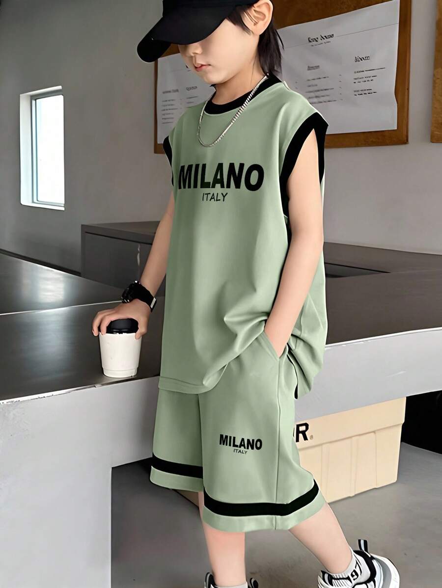 2pcs Boys Milano Graphic Vest & Shorts Set - Sage | 21 Century Kids