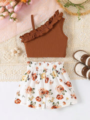 2pcs Girls Ruffle One-Shoulder Top & Floral Bow Shorts - Cognac