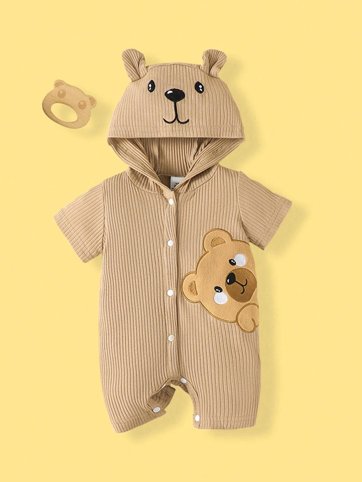 Baby Boys Bear Appliqué Ribbed Hooded Romper - Latte