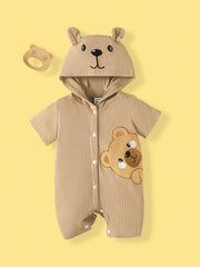 Baby Boys Bear Appliqué Ribbed Hooded Romper - Latte