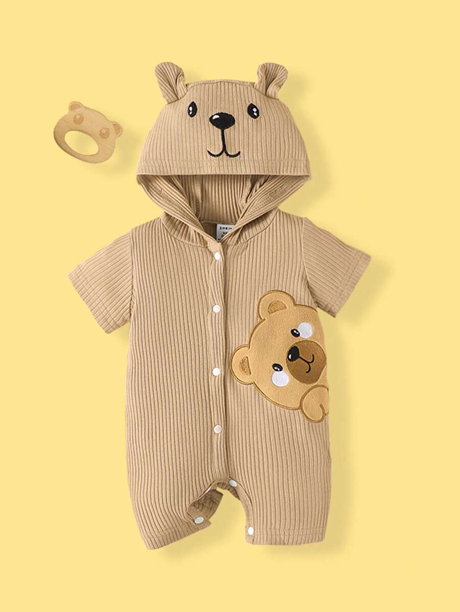 Baby Boys Bear Appliqué Ribbed Hooded Romper - Latte