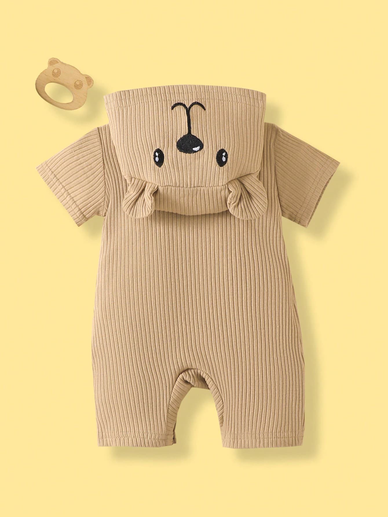 Baby Boys Bear Appliqué Ribbed Hooded Romper - Latte