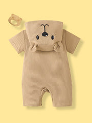 Baby Boys Bear Appliqué Ribbed Hooded Romper - Latte