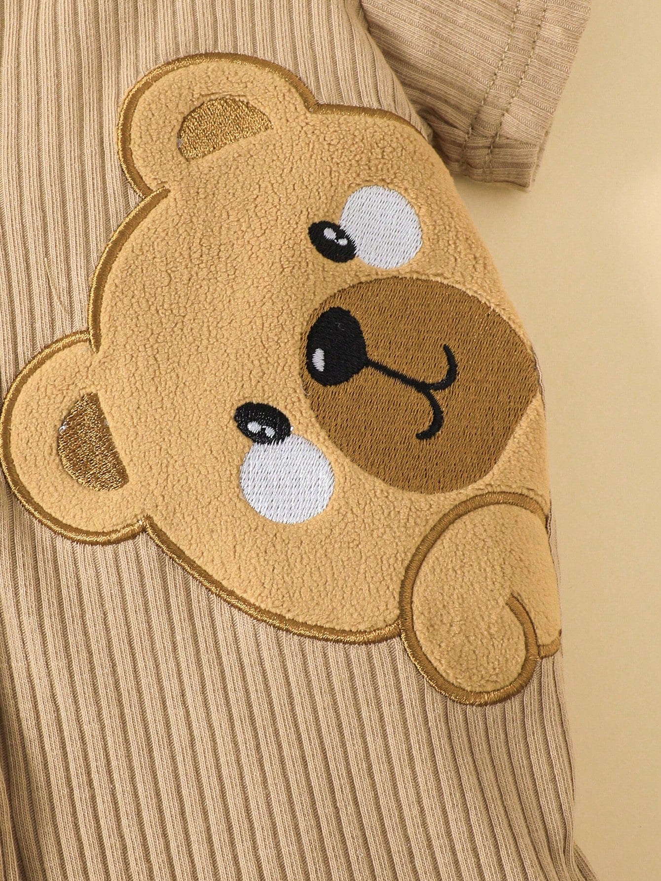 Baby Boys Bear Appliqué Ribbed Hooded Romper - Latte