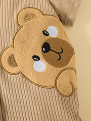 Baby Boys Bear Appliqué Ribbed Hooded Romper - Latte