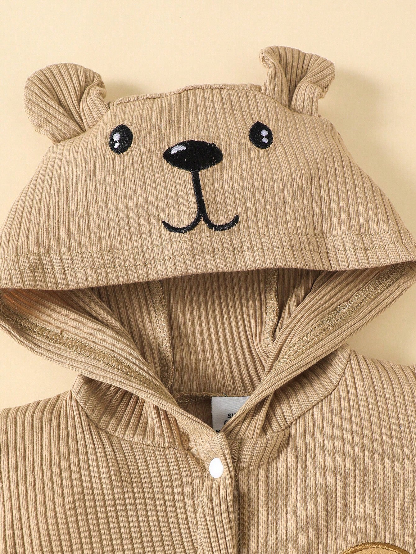 Baby Boys Bear Appliqué Ribbed Hooded Romper - Latte