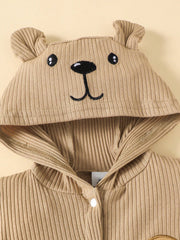 Baby Boys Bear Appliqué Ribbed Hooded Romper - Latte