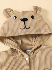 Baby Boys Bear Appliqué Ribbed Hooded Romper - Latte