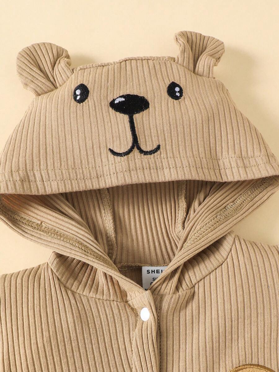 Baby Boys Bear Appliqué Ribbed Hooded Romper - Latte
