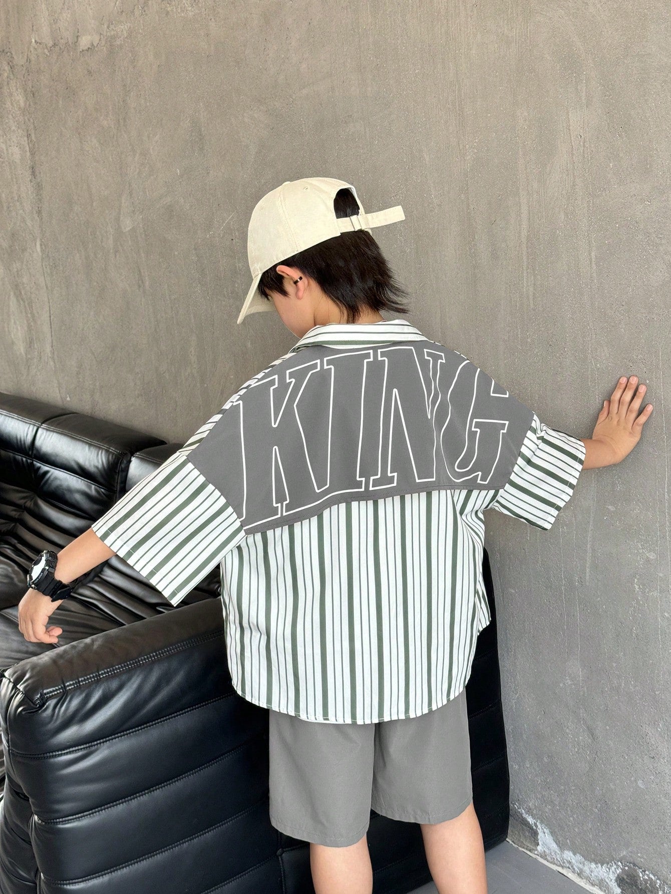 2pcs Big Boys KING Stripe Shirt & Shorts Set - Slate | 21 Century Kids