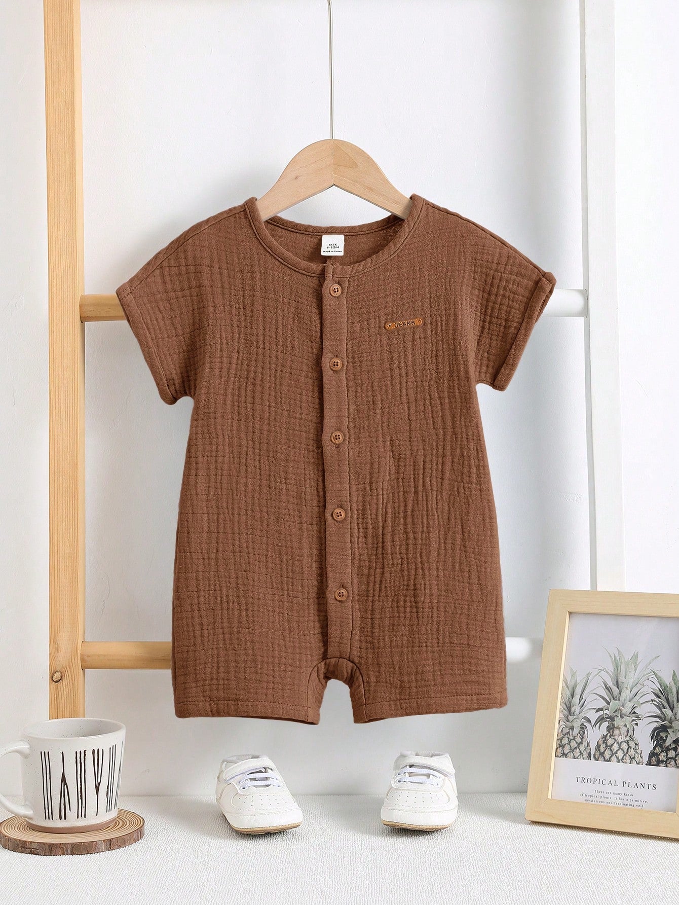 Baby Boys Button-Front Muslin Short Romper - Mocha