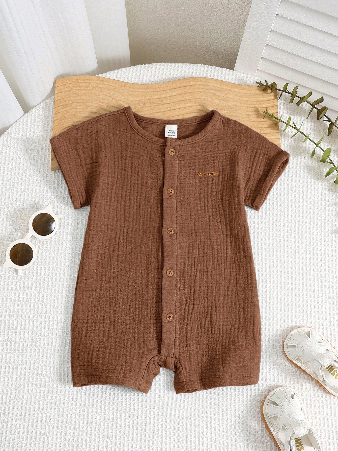 Baby Boys Button-Front Muslin Short Romper - Mocha