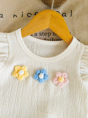 2pcs Girls Ruffle Floral Appliqué Top & Shorts Set - Ivory