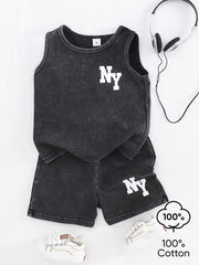2pcs Boys NY Graphic Tank Top & Shorts Set - Wenge