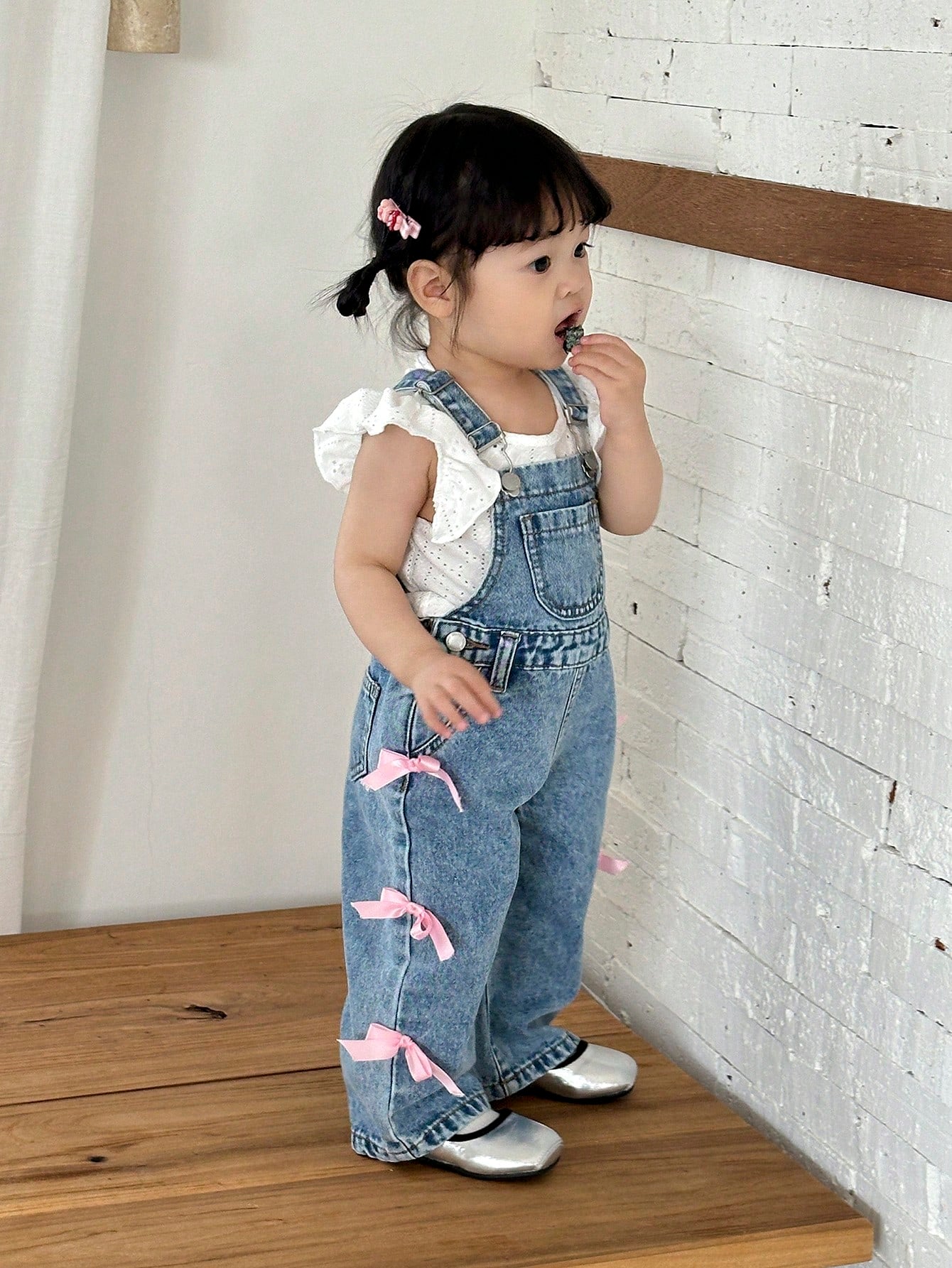 Girls Bow Embellished Wide-Leg Denim Bib Overall - Chambray | 21 Ce...