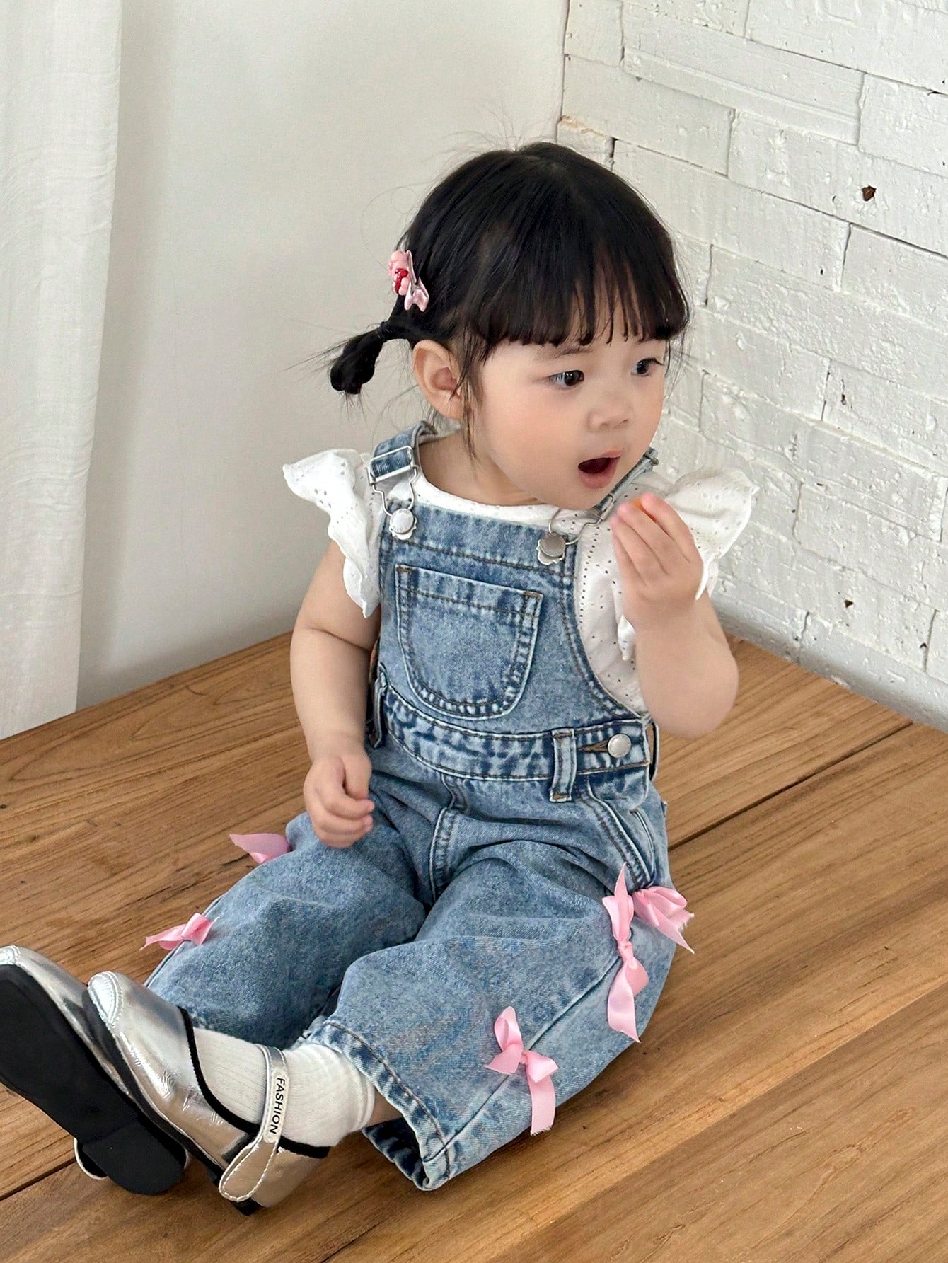 Girls Bow Embellished Wide-Leg Denim Bib Overall - Chambray | 21 Ce...