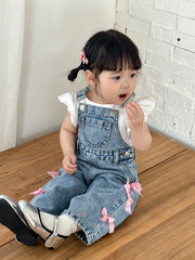 Girls Bow Embellished Wide-Leg Denim Bib Overall - Chambray | 21 Ce...